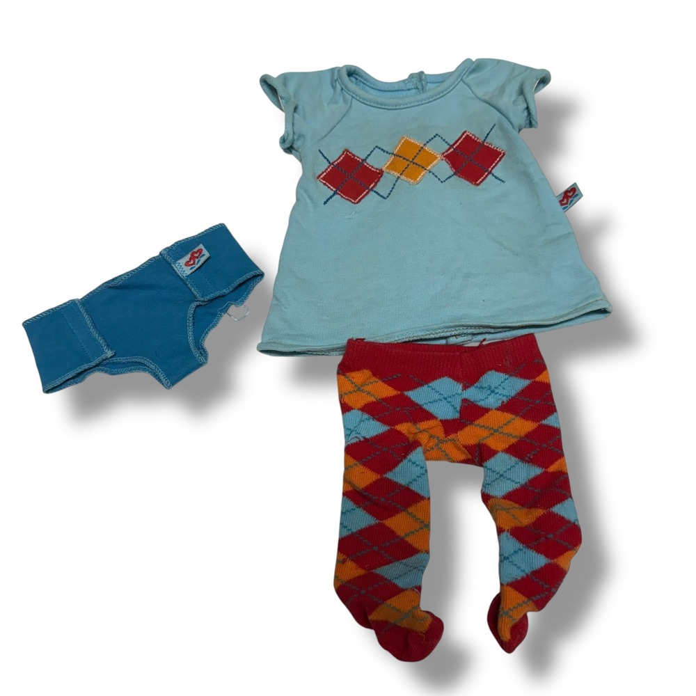 American Girl Bitty Twins Aqua Argyle Meet Outfit 2010‎ Dress Tights Diaper HTF
